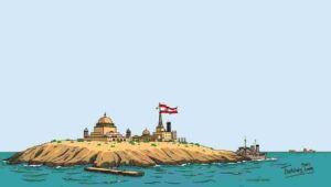 Aerial view of Kharg Island showing oil storage tanks and terminal infrastructure in the Persian Gulf.